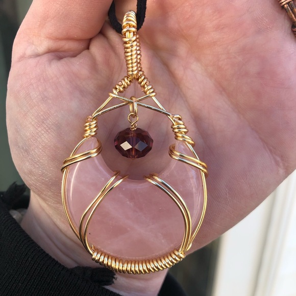 Wire Wrapped Rose Quartz Crescent Moon Crystal Necklace - Picture 4 of 11